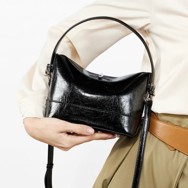 Genuine Leather Mini Bucket Bag with Elegant Turn-Lock Closure