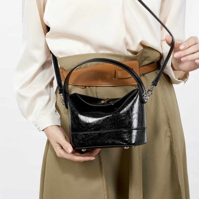 Genuine Leather Mini Bucket Bag with Elegant Turn-Lock Closure