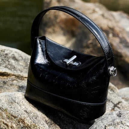 Genuine Leather Mini Bucket Bag with Elegant Turn-Lock Closure