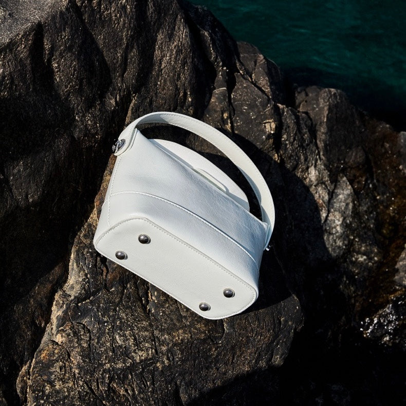 Genuine Leather Mini Bucket Bag with Elegant Turn-Lock Closure