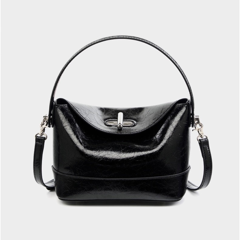 Genuine Leather Mini Bucket Bag with Elegant Turn-Lock Closure