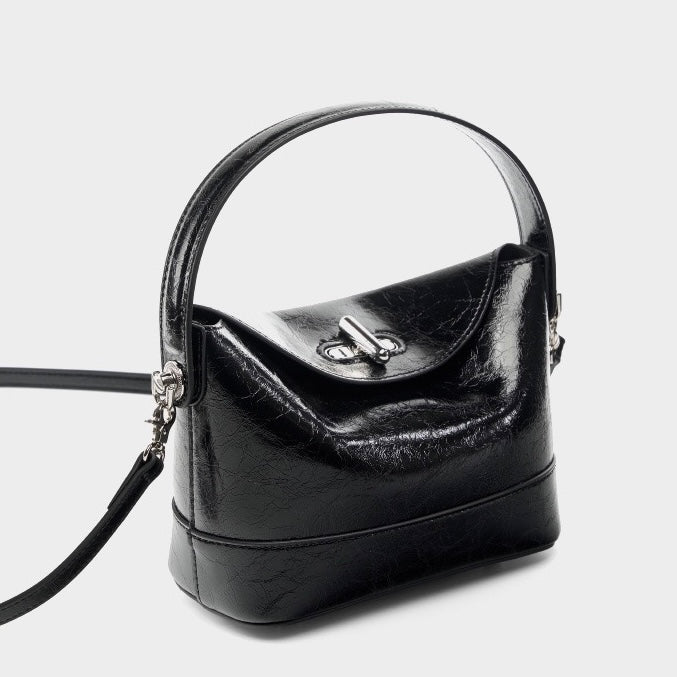 Genuine Leather Mini Bucket Bag with Elegant Turn-Lock Closure