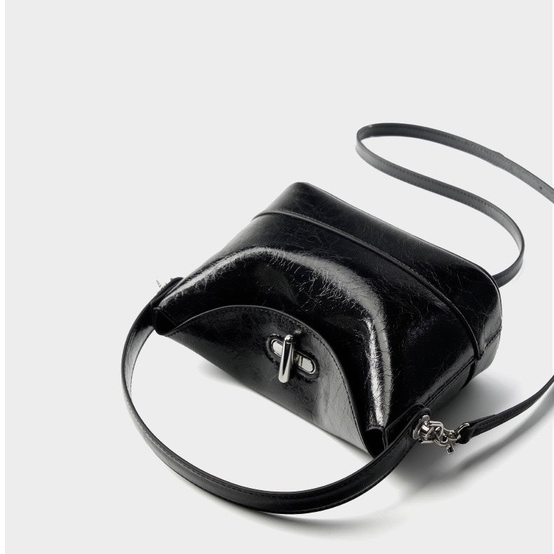 Genuine Leather Mini Bucket Bag with Elegant Turn-Lock Closure