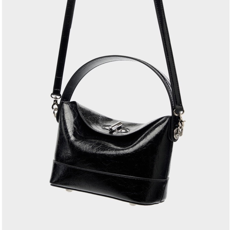 Genuine Leather Mini Bucket Bag with Elegant Turn-Lock Closure