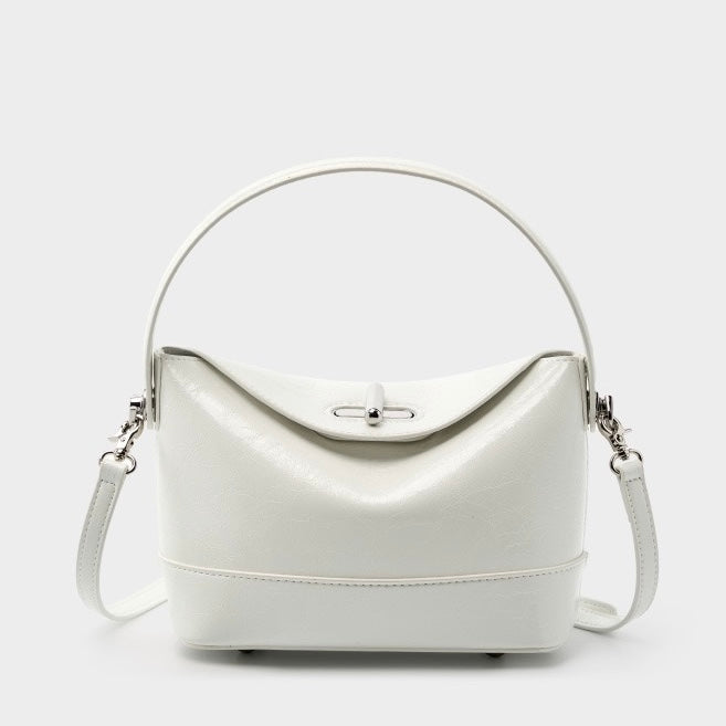 Genuine Leather Mini Bucket Bag with Elegant Turn-Lock Closure