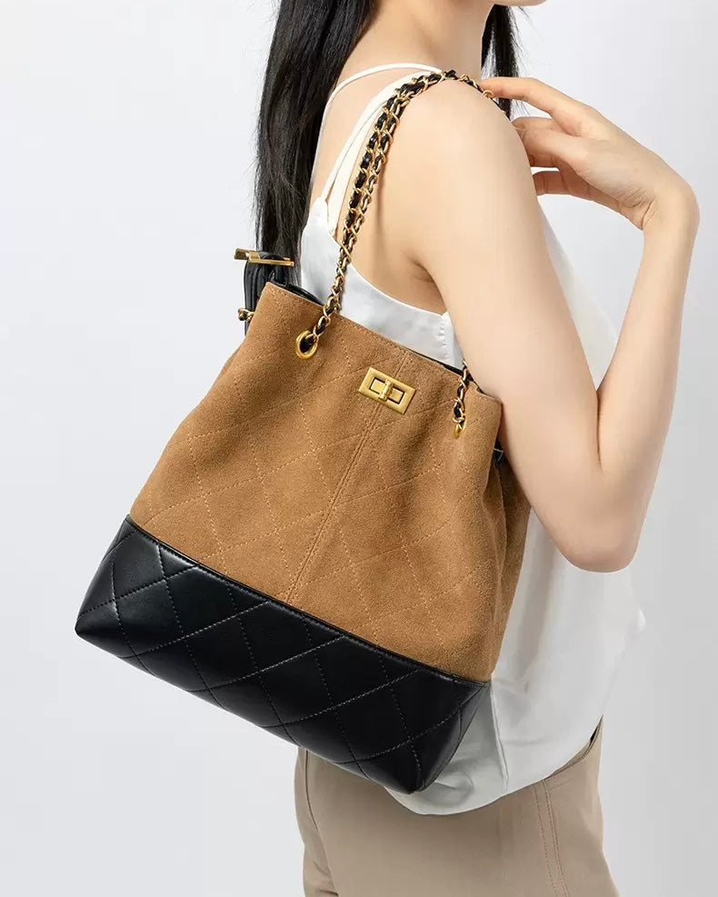 Color Block Suede & Leather Bucket Bag with Chain Detail