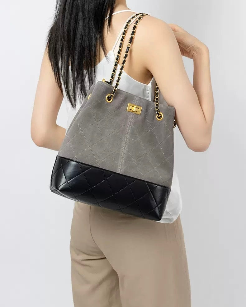 Color Block Suede & Leather Bucket Bag with Chain Detail