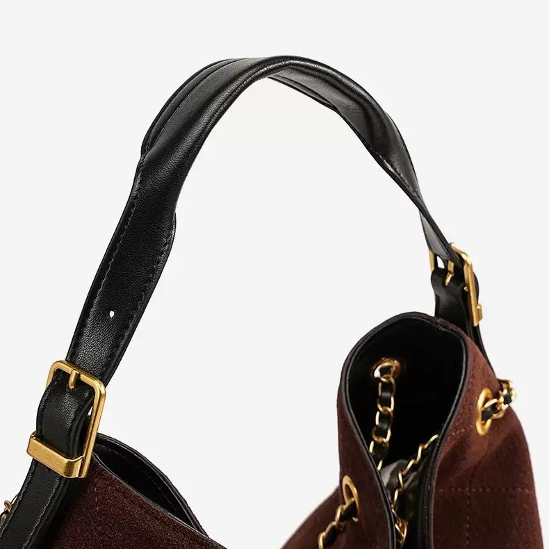 Color Block Suede & Leather Bucket Bag with Chain Detail