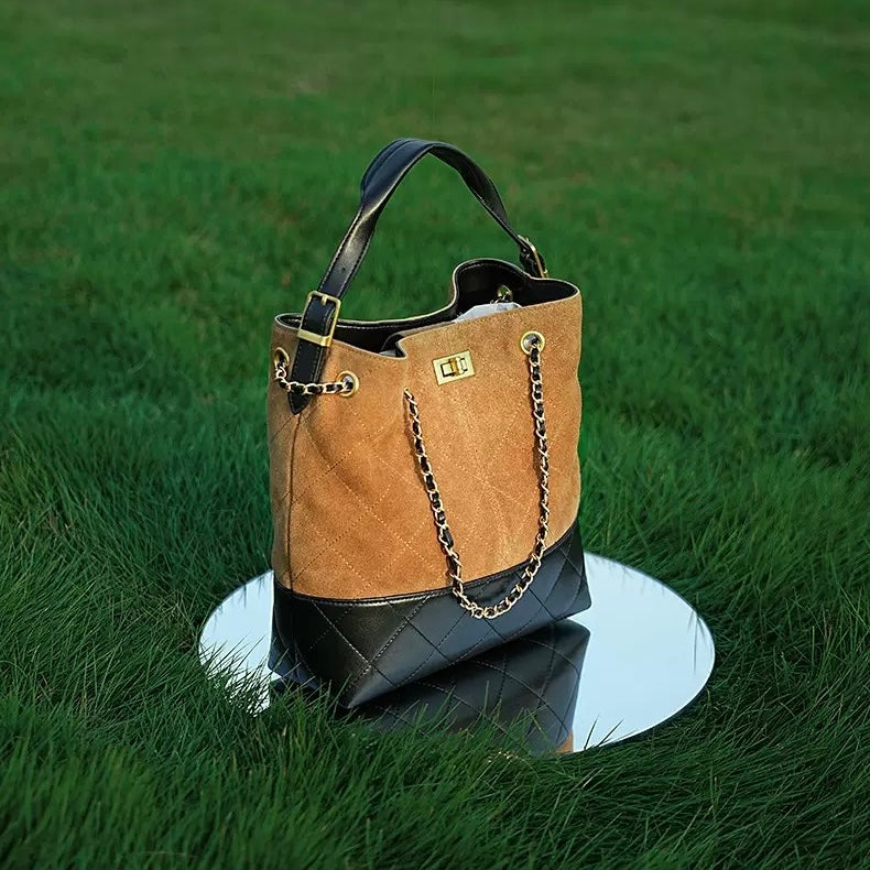 Color Block Suede & Leather Bucket Bag with Chain Detail
