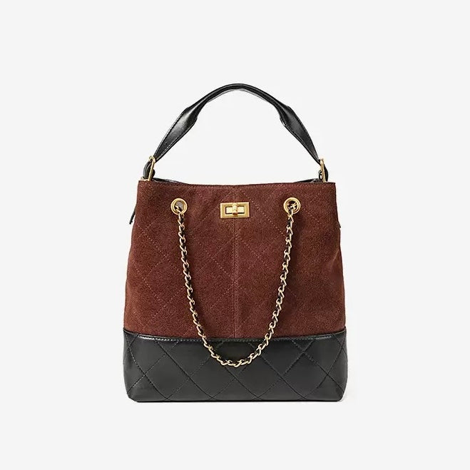 Color Block Suede & Leather Bucket Bag with Chain Detail