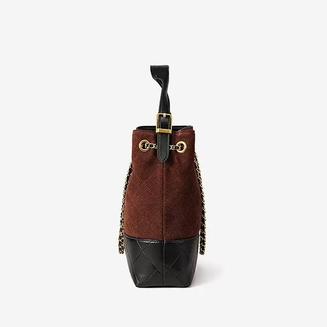 Color Block Suede & Leather Bucket Bag with Chain Detail