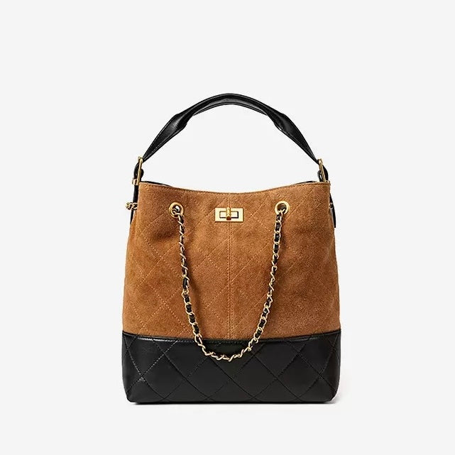 Color Block Suede & Leather Bucket Bag with Chain Detail