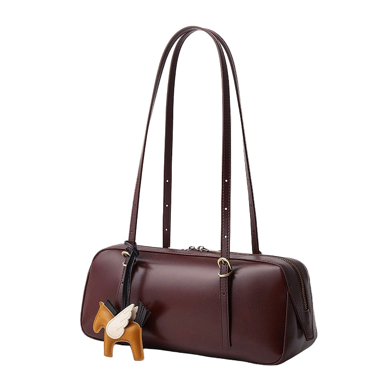 Genuine Leather Retro Bowling Bag with Horse Charm