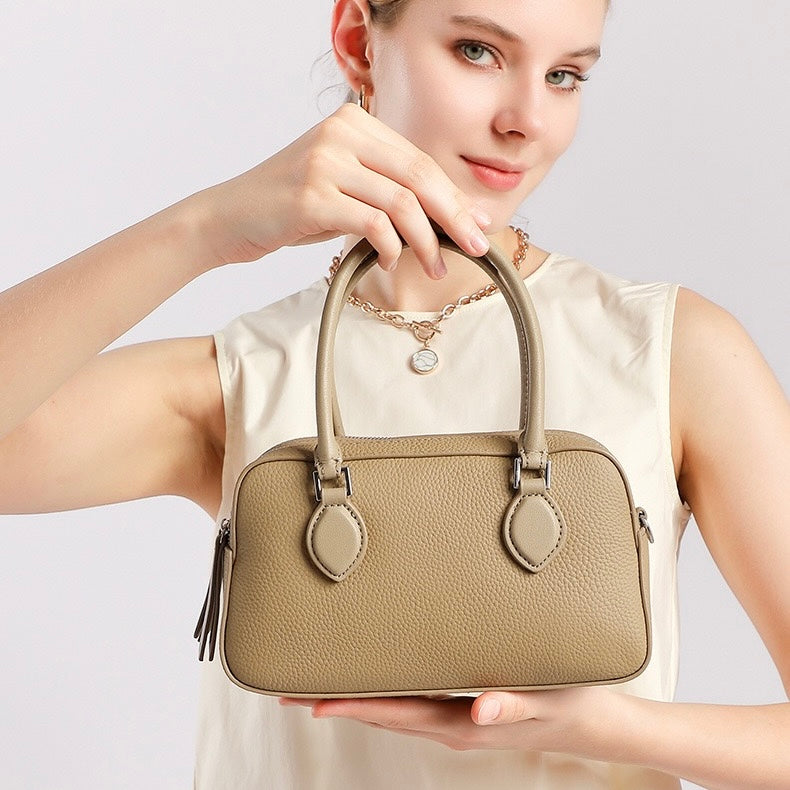 Elegant Leather Handheld Boston Bag