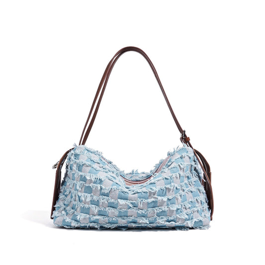 Vintage-Inspired Genuine Leather and Denim Patchwork Shoulder Bag