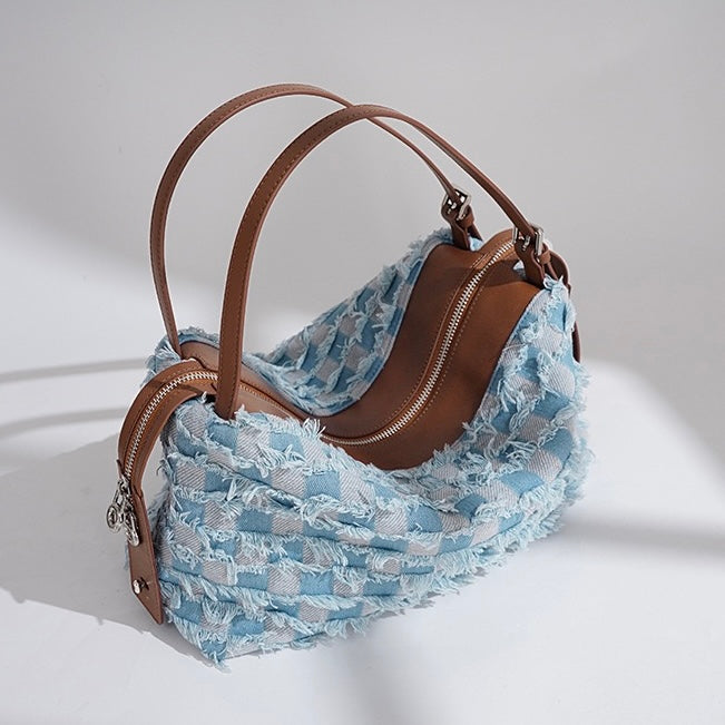 Vintage-Inspired Genuine Leather and Denim Patchwork Shoulder Bag