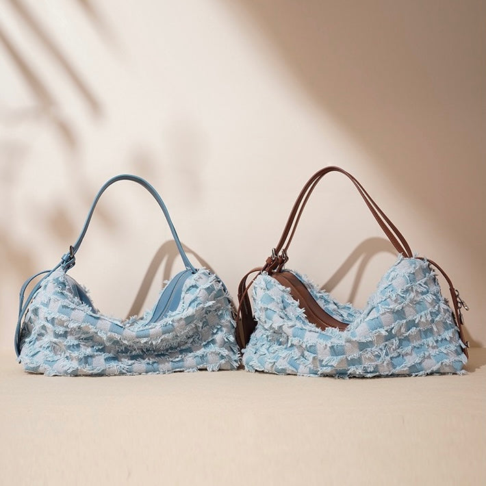 Vintage-Inspired Genuine Leather and Denim Patchwork Shoulder Bag