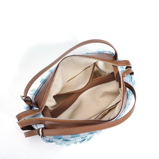 Vintage-Inspired Genuine Leather and Denim Patchwork Shoulder Bag