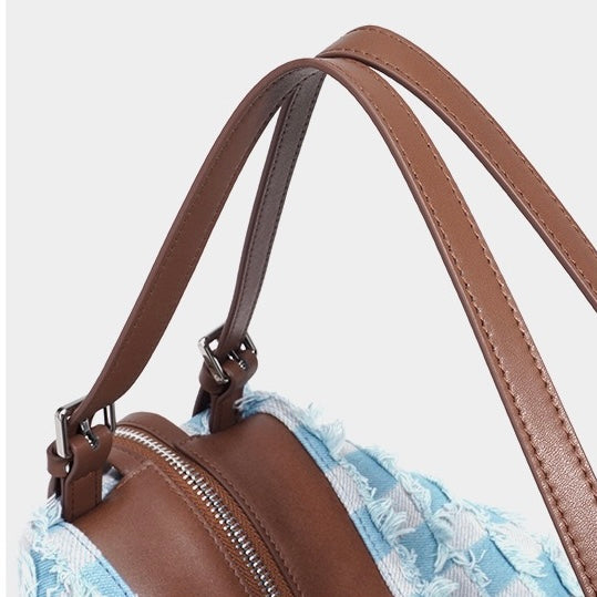 Vintage-Inspired Genuine Leather and Denim Patchwork Shoulder Bag