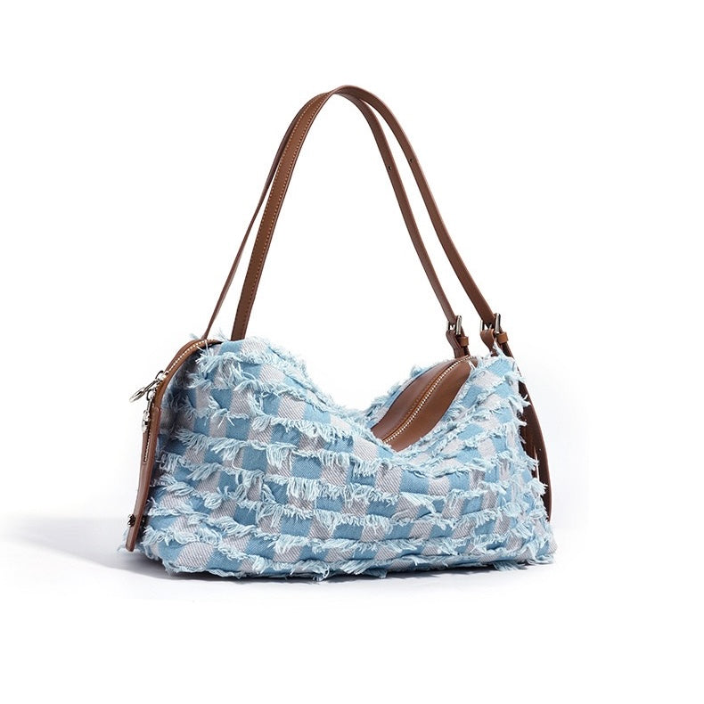 Vintage-Inspired Genuine Leather and Denim Patchwork Shoulder Bag