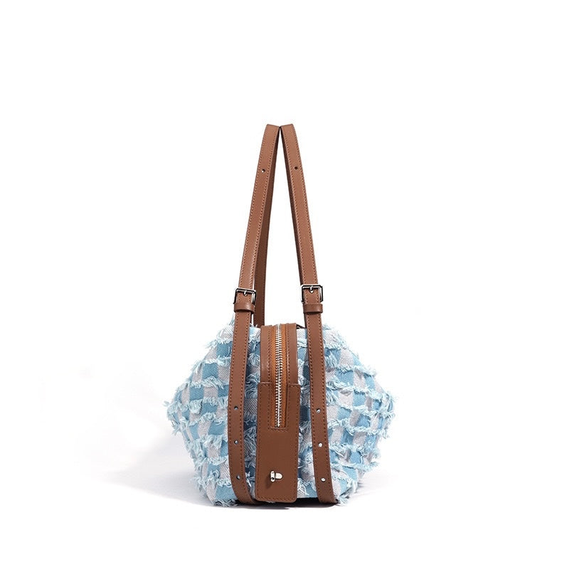 Vintage-Inspired Genuine Leather and Denim Patchwork Shoulder Bag
