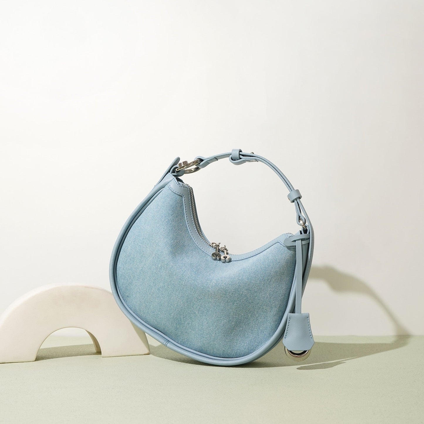 Elegant Crescent Mini Leather & Denim Shoulder Bag for Spring/Summer