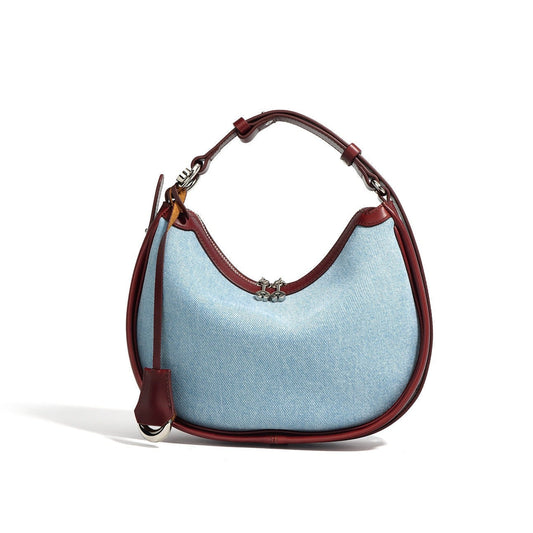 Elegant Crescent Mini Leather & Denim Shoulder Bag for Spring/Summer