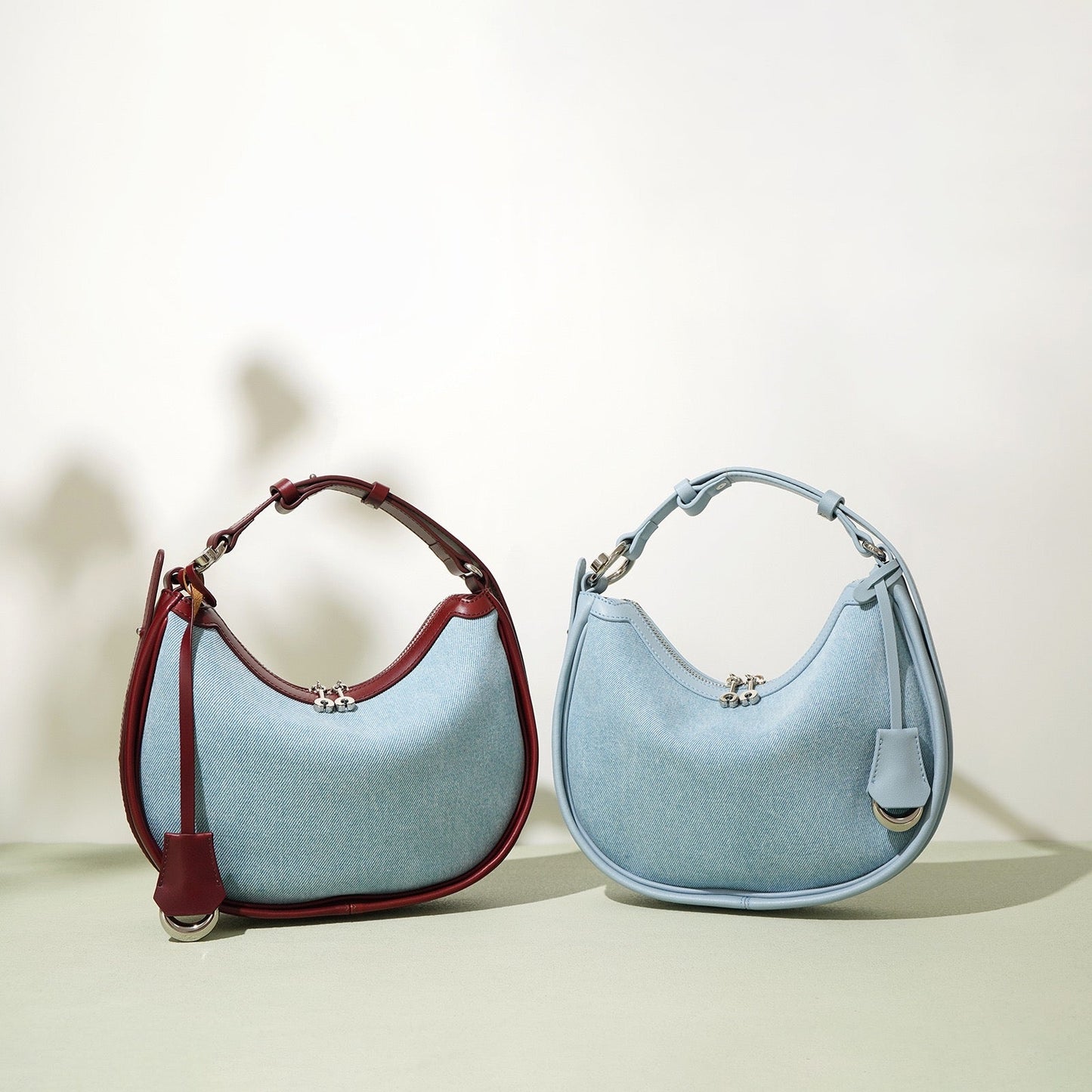 Elegant Crescent Mini Leather & Denim Shoulder Bag for Spring/Summer