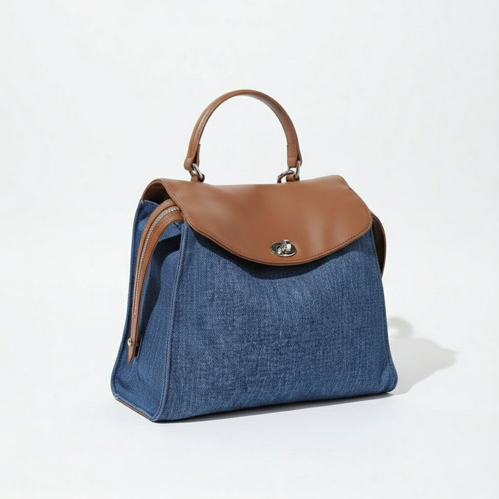 Elegant Leather & Denim Patchwork Commuter Backpack - Large Capacity