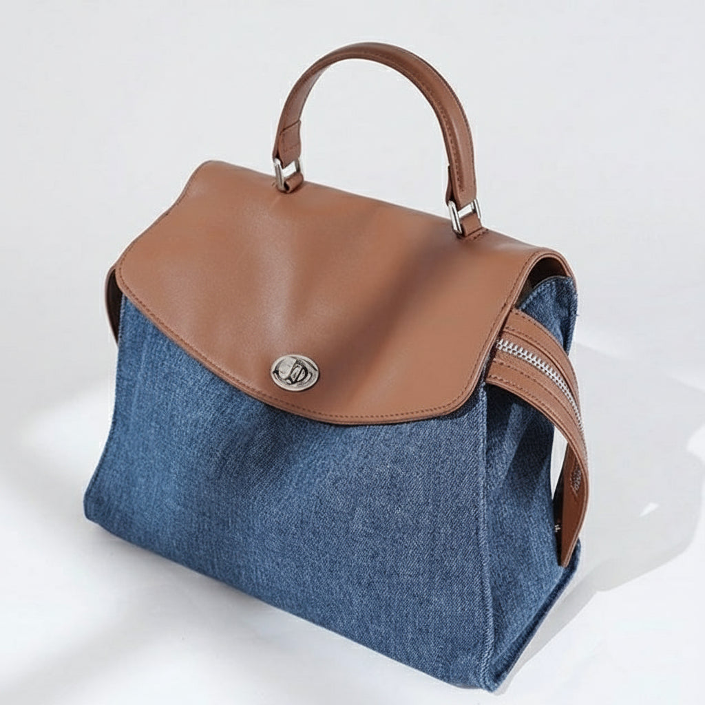 Elegant Leather & Denim Patchwork Commuter Backpack - Large Capacity