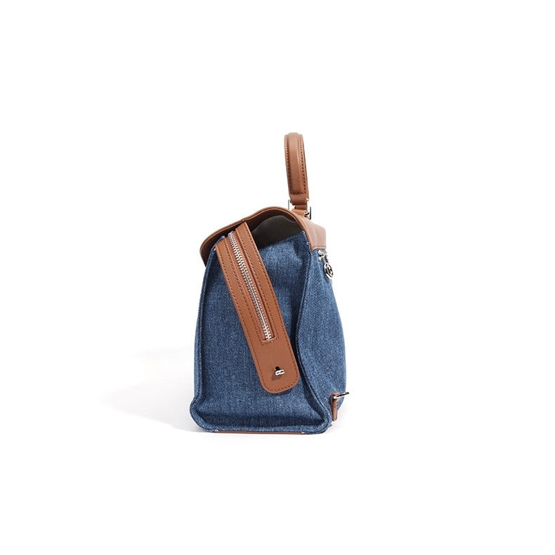 Elegant Leather & Denim Patchwork Commuter Backpack - Large Capacity