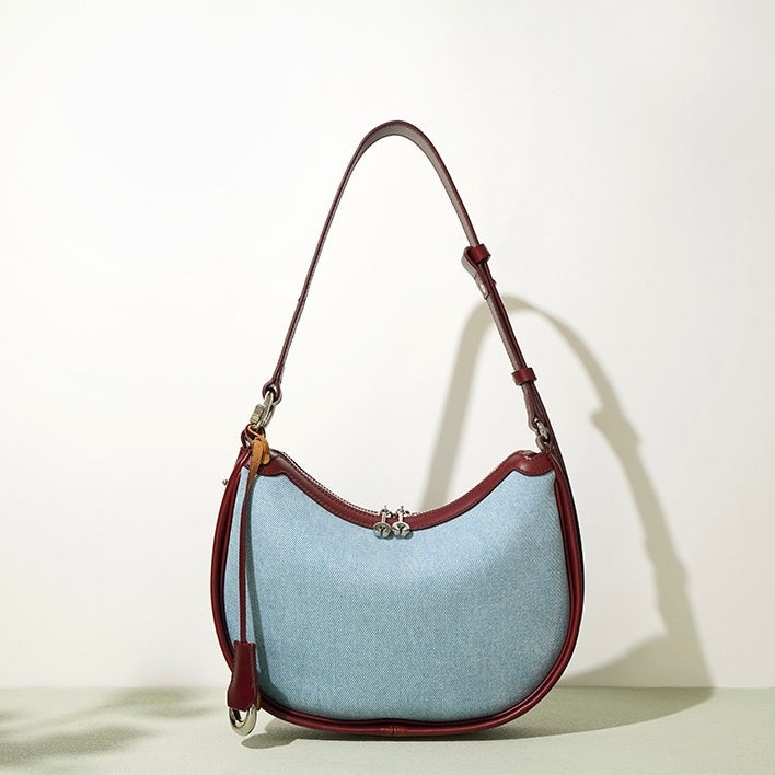 Elegant Crescent Mini Leather & Denim Shoulder Bag for Spring/Summer
