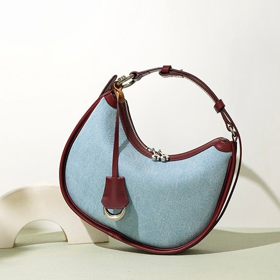 Elegant Crescent Mini Leather & Denim Shoulder Bag for Spring/Summer