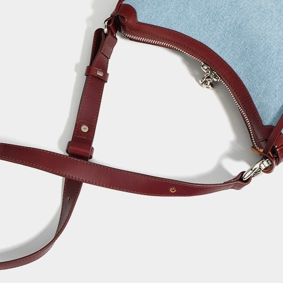 Elegant Crescent Mini Leather & Denim Shoulder Bag for Spring/Summer
