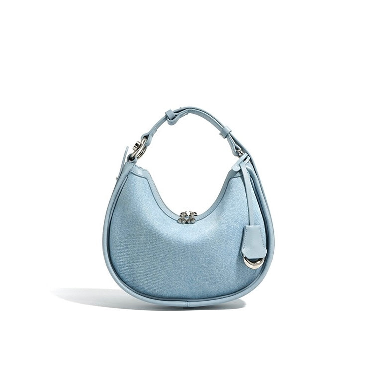 Elegant Crescent Mini Leather & Denim Shoulder Bag for Spring/Summer