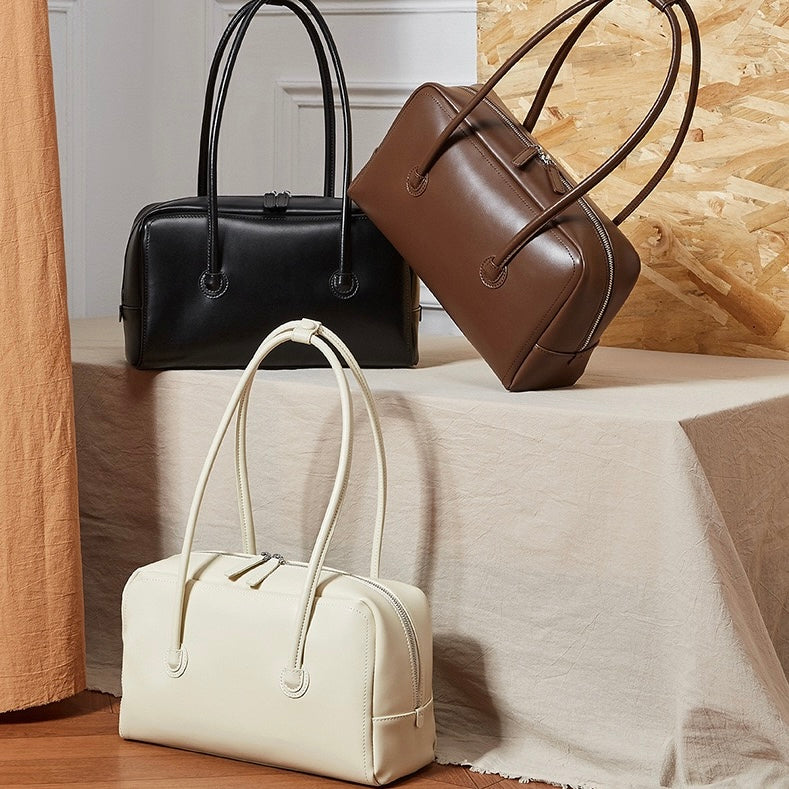 Genuine Leather Boston Structured Pillow Shoulder Bag