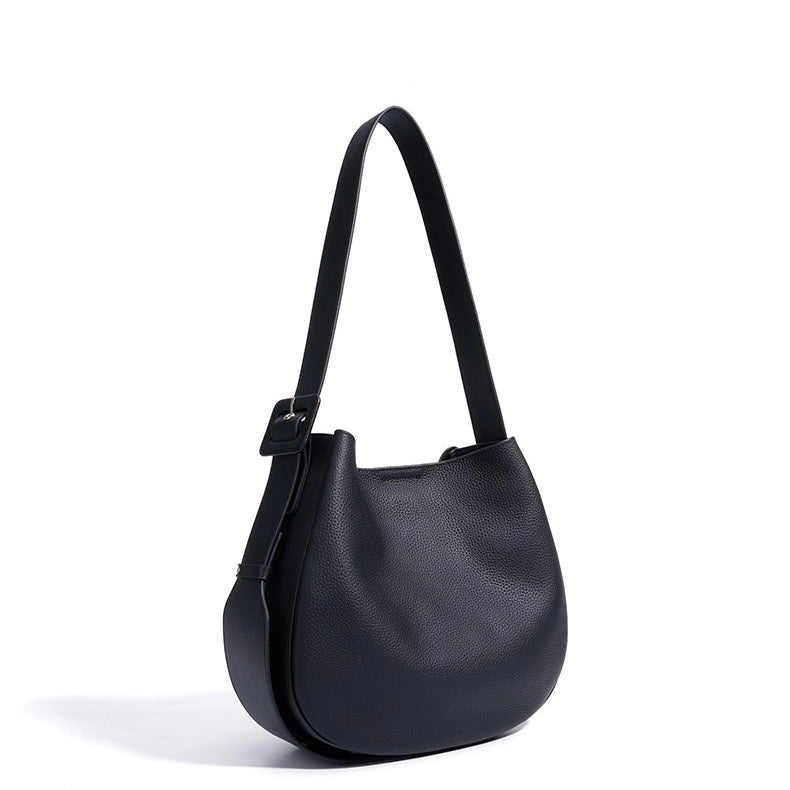 Elegant Women's Genuine Leather Wide Strap Bucket Bag
