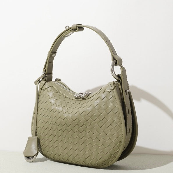 Woven Genuine Leather Crescent Shoulder Bag