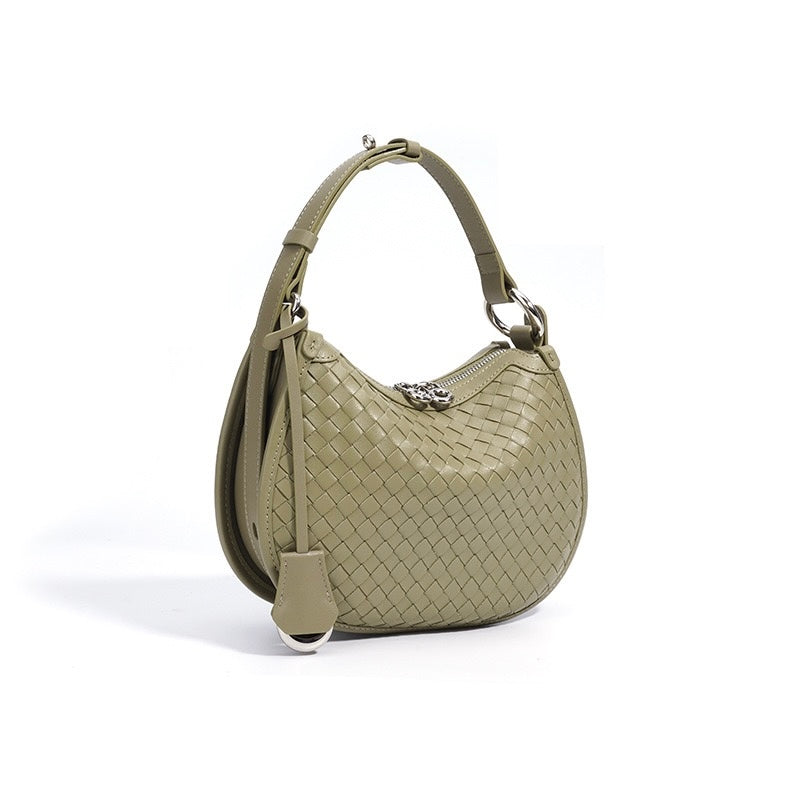 Woven Genuine Leather Crescent Shoulder Bag
