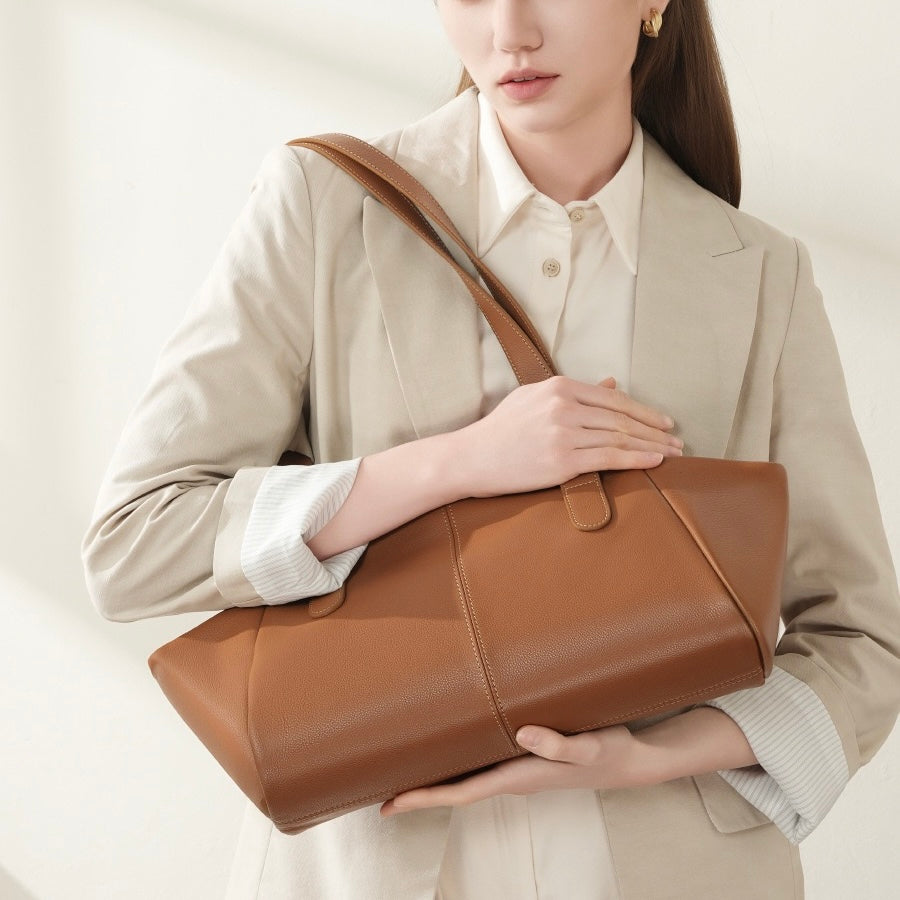 Genuine Leather Winged Pleated Tote – Elegant Minimalist Commuter Bag
