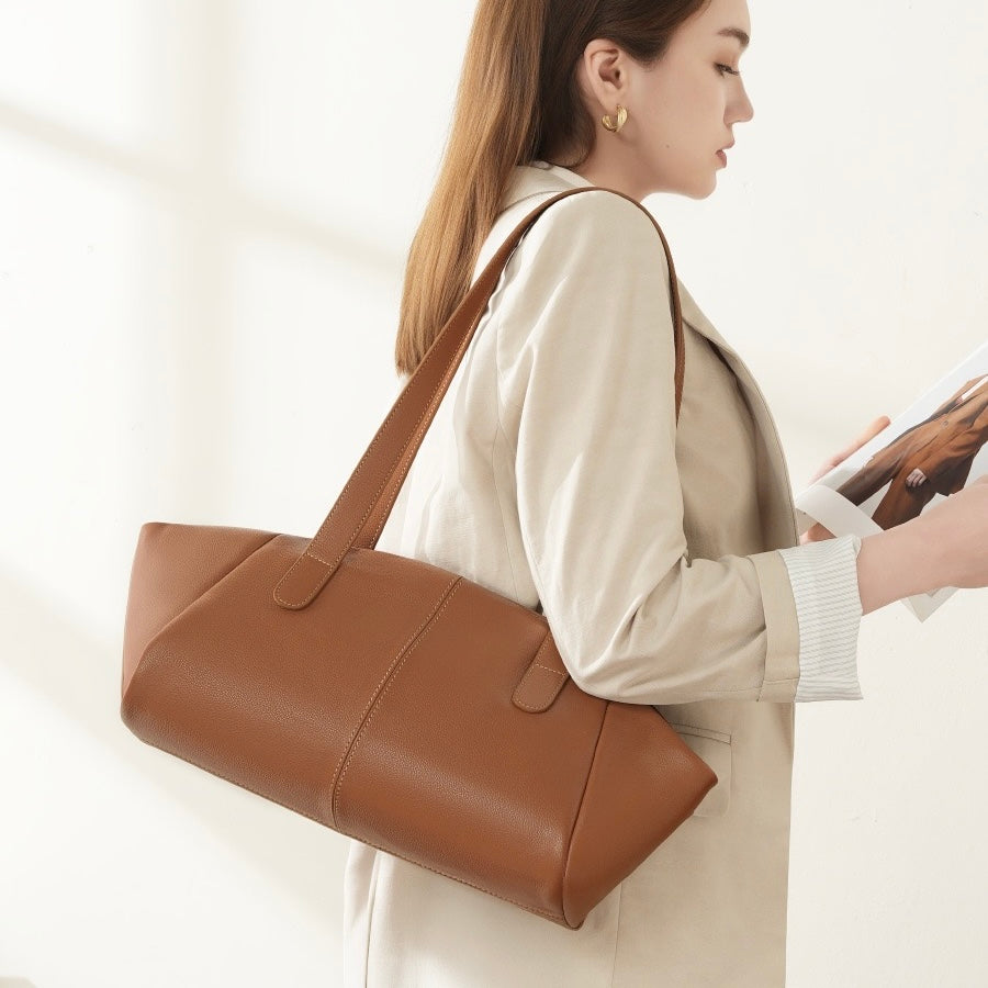 Genuine Leather Winged Pleated Tote – Elegant Minimalist Commuter Bag