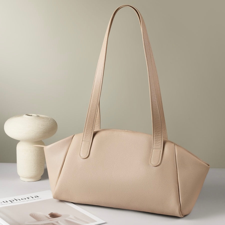 Genuine Leather Winged Pleated Tote – Elegant Minimalist Commuter Bag