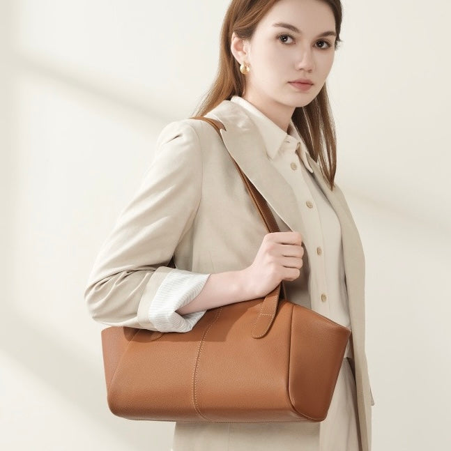 Genuine Leather Winged Pleated Tote – Elegant Minimalist Commuter Bag