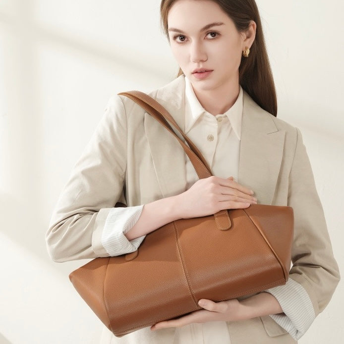 Genuine Leather Winged Pleated Tote – Elegant Minimalist Commuter Bag