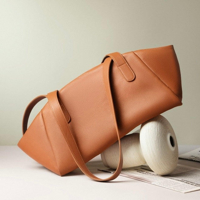 Genuine Leather Winged Pleated Tote – Elegant Minimalist Commuter Bag