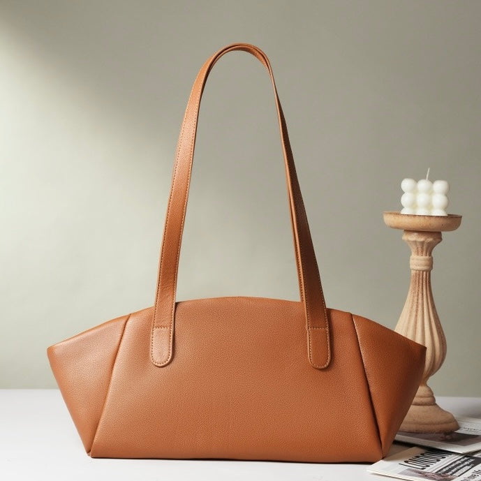 Genuine Leather Winged Pleated Tote – Elegant Minimalist Commuter Bag
