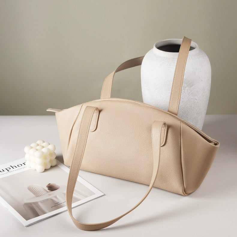 Genuine Leather Winged Pleated Tote – Elegant Minimalist Commuter Bag