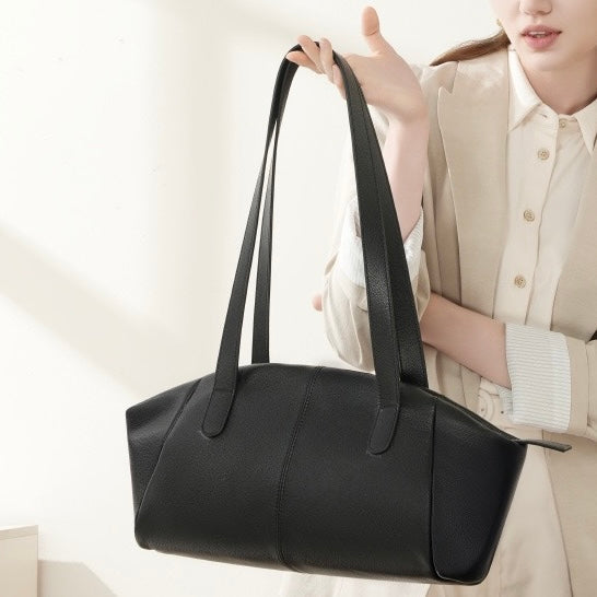 Genuine Leather Winged Pleated Tote – Elegant Minimalist Commuter Bag