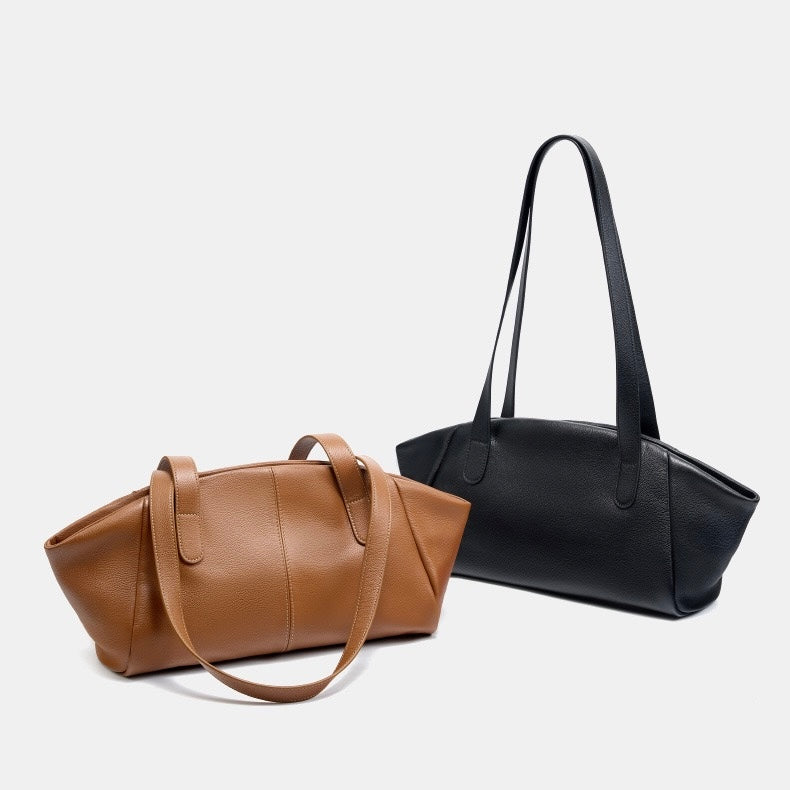 Genuine Leather Winged Pleated Tote – Elegant Minimalist Commuter Bag