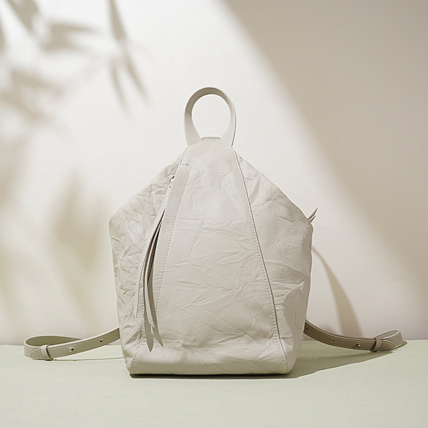 Convertible Pleated Genuine Leather Backpack in Creamy White